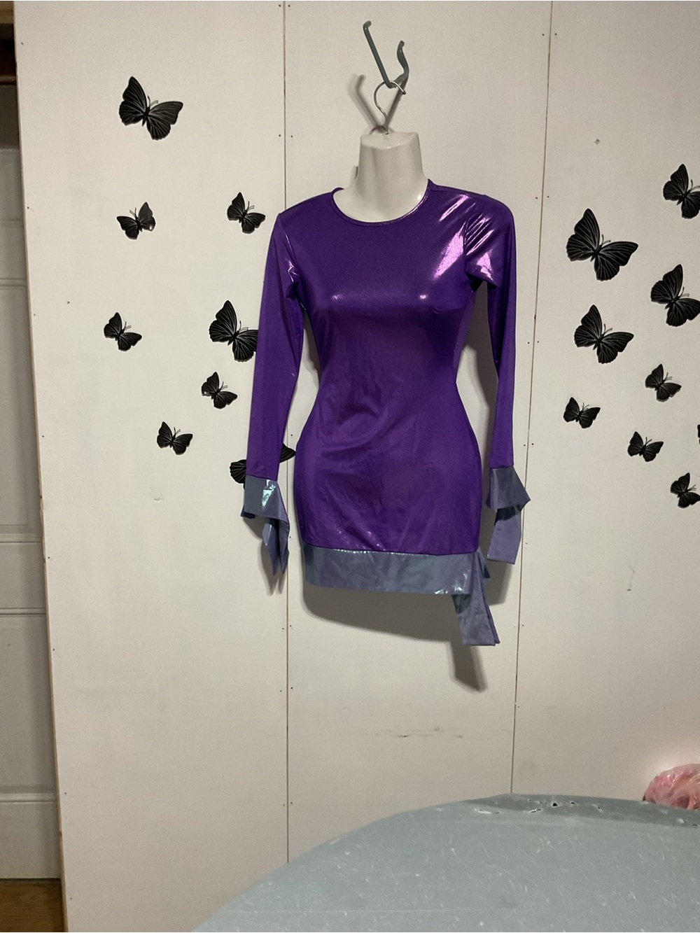 Fashion Nova Metallic Purple Long-Sleeve Mini Dress with Silver Trim